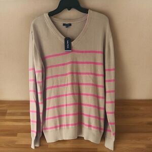 NEW! Nautica top women pink striped  v neck 100% cotton Sz XL